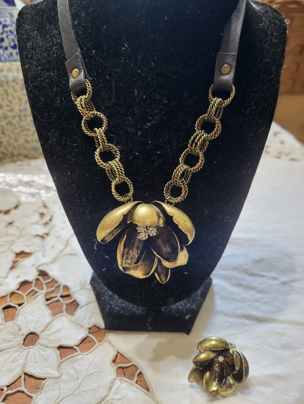 Fossil Floral Statement Necklace and Ring Set